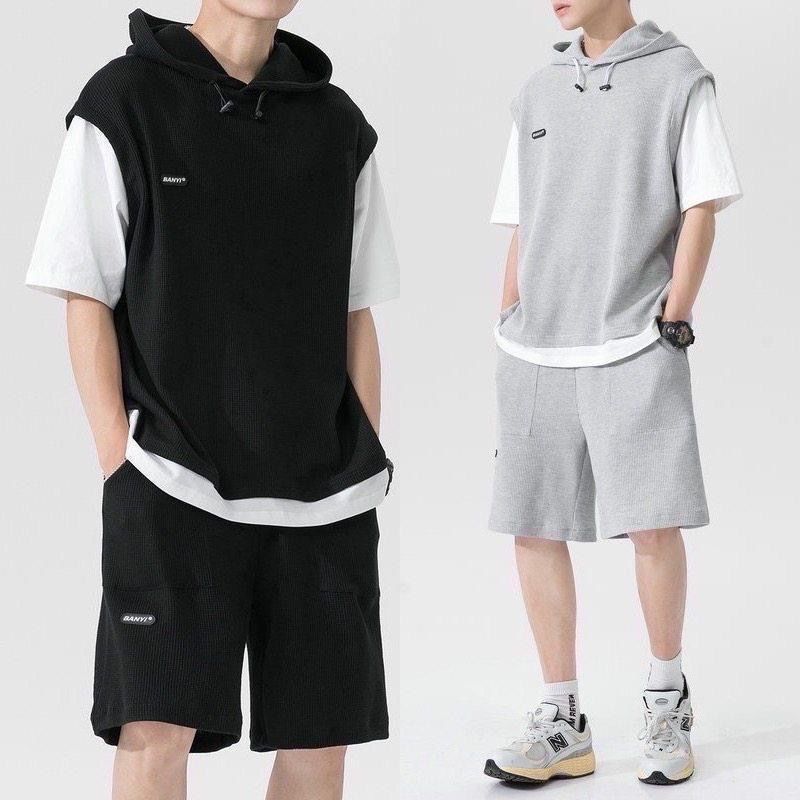 Fake two piece waffle short sleeve sports suit men's spring and summer hooded T-shirt shorts two pieces a set of handsome men's clothes