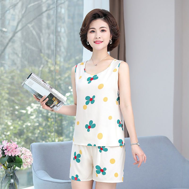 Middle-aged and elderly pajamas women's summer cotton silk vest shorts two-piece set mother loose large size sleeveless home service suit