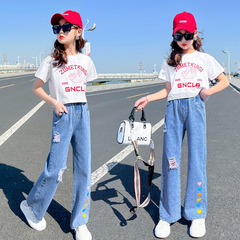 女童套裝夏裝時尚洋氣短袖破洞薄款闊腿褲兒童大童女孩夏季兩件套