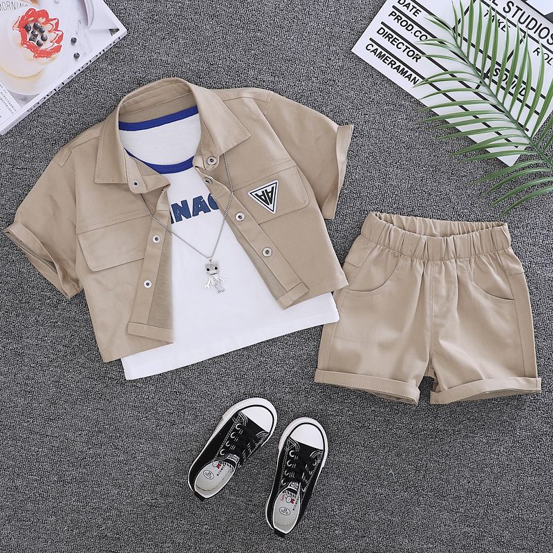 2022 children's summer new cool and handsome men's work clothes style boys' short sleeve three piece set men's and women's Baby Set 3 years old