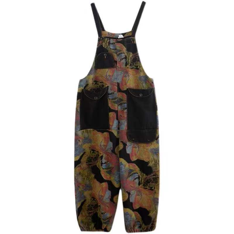 Autumn  new retro style loose large size age-reducing foreign style fashion print large pocket female one-piece overalls