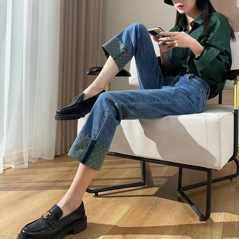 牛仔褲女彈力高腰煙管褲2022春秋新款顯瘦小個子九分翻邊直筒褲潮