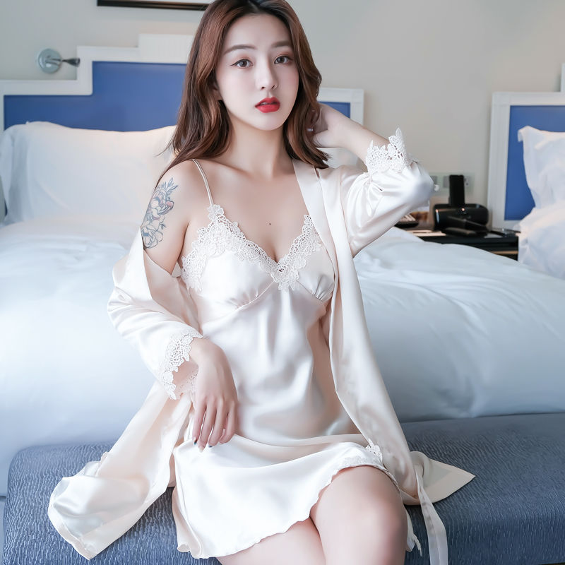 Pajamas women sexy suspender nightdress women summer ice silk two piece suit spring and autumn thin long sleeve Nightgown home clothes