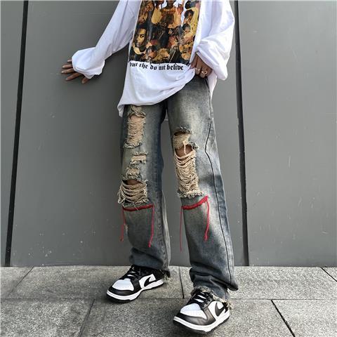 Oversized size 130-300 catties Korean version of ins hip-hop American retro personality ripped old jeans trousers for men and women