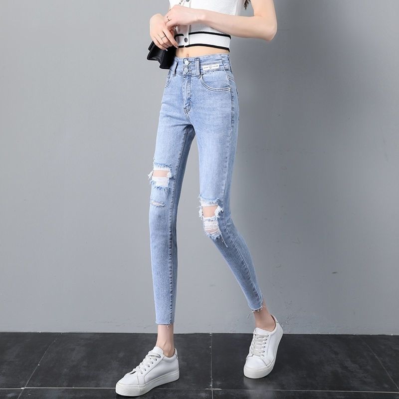 Ripped jeans Leggings 9-point  spring new high waist slim and versatile skinny pencil pants ins fashion