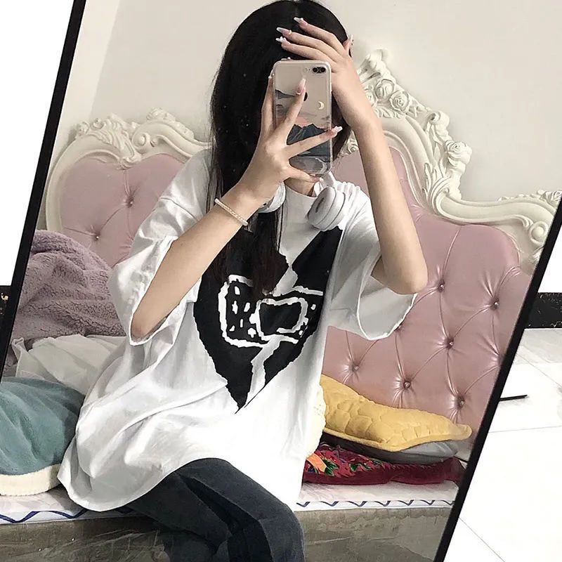 100% can't afford the ball short-sleeved t-shirt female  new personality Korean version of BF all-match love print t-shirt blasting street tide