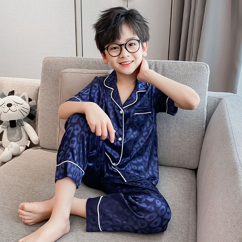 Boys' short-sleeved pajamas summer home clothes suit summer thin  new medium and large children's ice silk air-conditioned clothes