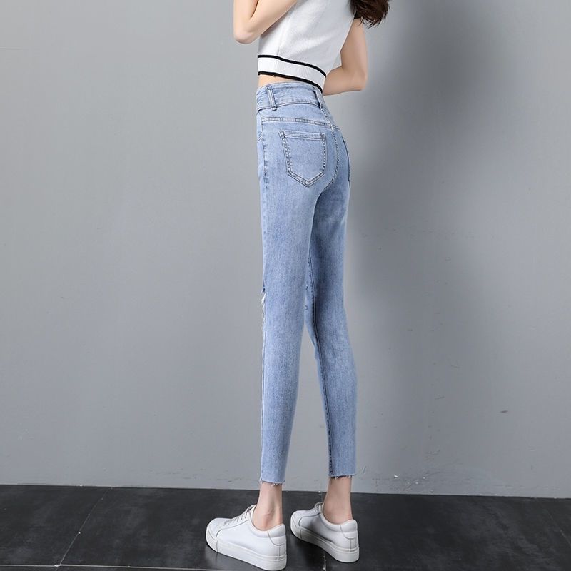 Ripped jeans Leggings 9-point  spring new high waist slim and versatile skinny pencil pants ins fashion