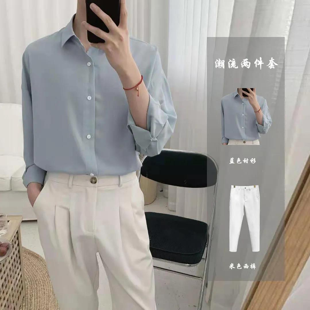 INS Korean version of men's suit temperament ice silk long-sleeved shirt men's trendy handsome summer thin section ruffian handsome sunscreen clothing