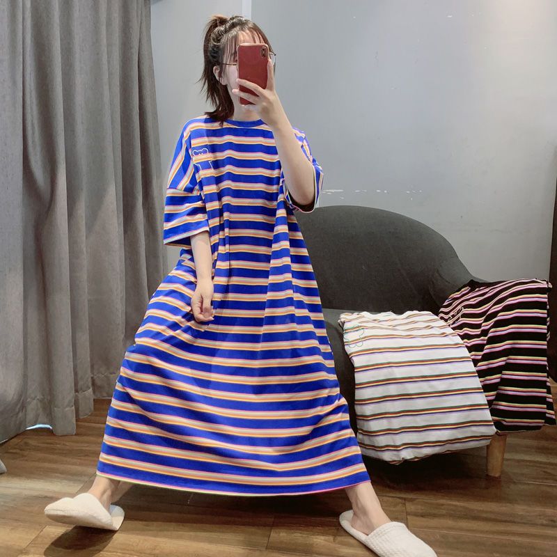 Striped long nightdress female summer fat mm large size short-sleeved pajamas loose women's Korean version 200 catties 300ins tide