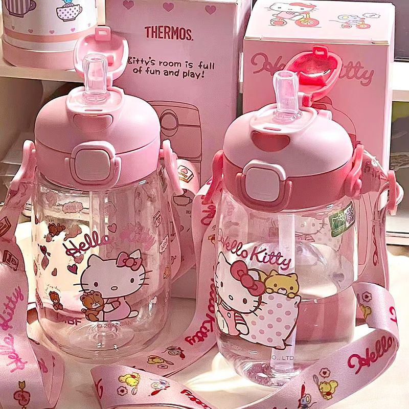 Hello Kitty children's water cup primary school girl high-value with a straw cup straight drink anti-fall class special kettle