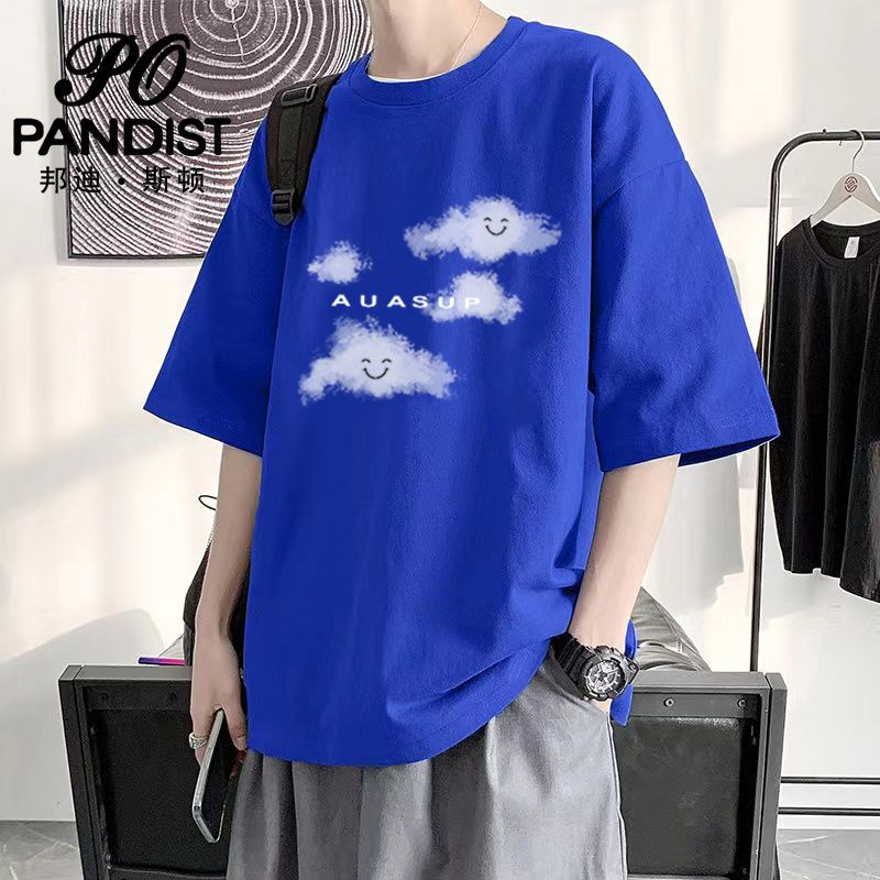 PANDIST 克萊因藍短袖t恤男夏裝ins設計感五分半袖寬鬆美式上衣服