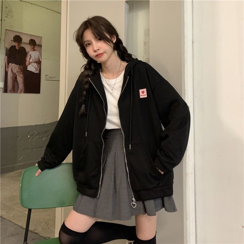 chic Hong Kong style love sweater women's spring and summer Korean version loose ins lazy wind bf thin zipper student jacket