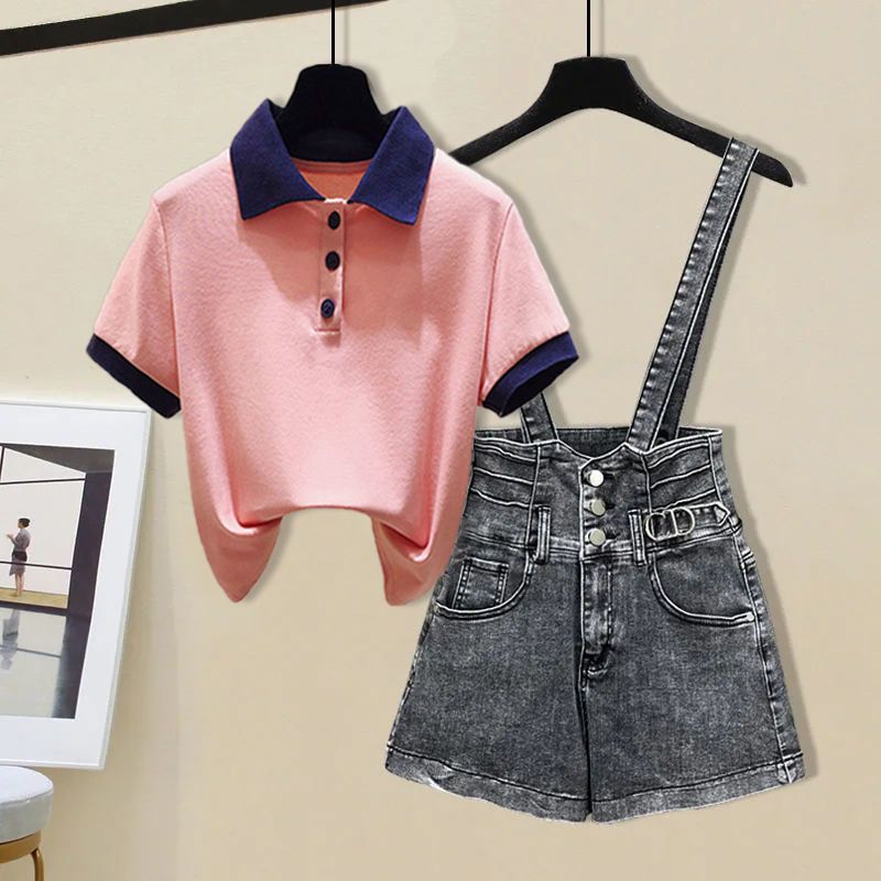 Summer suit women's 2022 new large slightly fat mm short sleeve T-shirt women's slim denim strap shorts two piece set [to be delivered within 15 days]