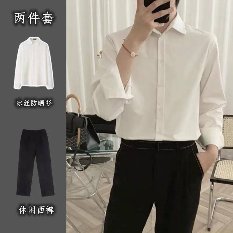 INS Korean version of men's suit temperament ice silk long-sleeved shirt men's trendy handsome summer thin section ruffian handsome sunscreen clothing