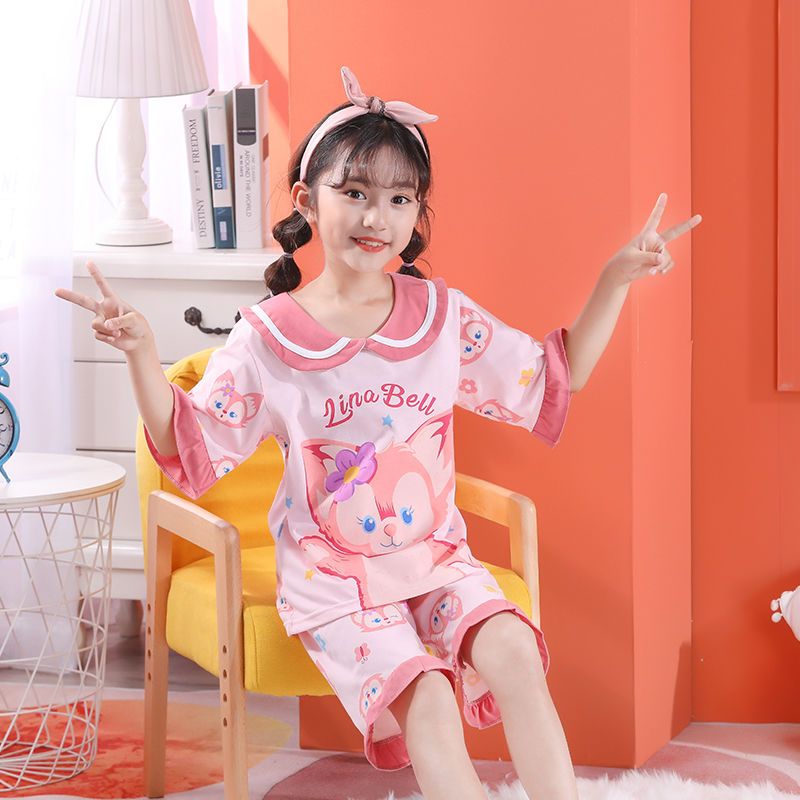 夏季女童睡衣公主款精梳棉七分袖超萌睡衣女孩寶寶四季家居服套裝