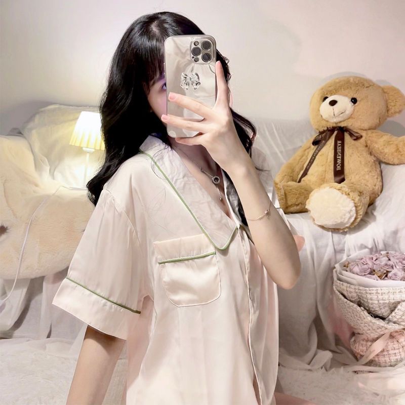 New ins pajamas women's summer ice silk short-sleeved Korean version of the thin section students are sweet and can wear home clothes two-piece set