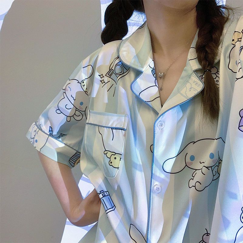 Summer pajamas female ice silk ins cinnamon dog cute student short-sleeved shorts thin section summer home service two-piece set