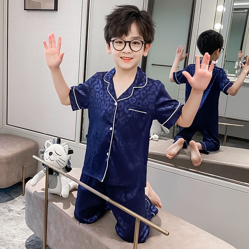 Boys' short-sleeved pajamas summer home clothes suit summer thin  new medium and large children's ice silk air-conditioned clothes