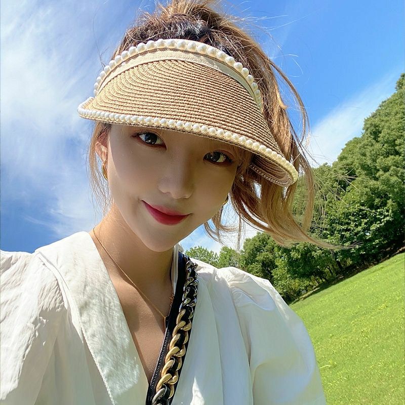 珍珠空顶帽子女韩版夏季百搭小清新无顶草帽遮阳防晒紫外线太阳帽