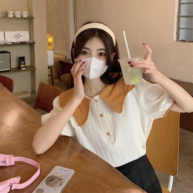 Shirt tops for women summer new style sweet color matching design niche doll collar short-sleeved white shirt