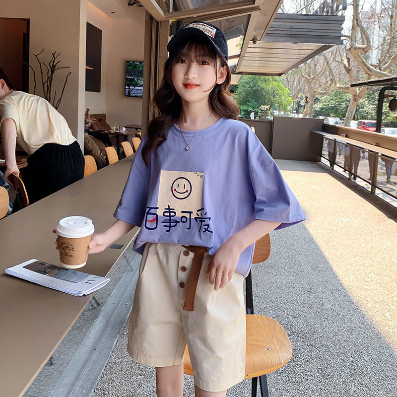 女童夏裝套裝薄款2023新款兒童網紅時髦中大童夏季洋氣短袖兩件套