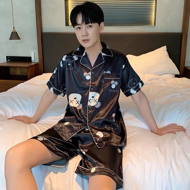 One Piece Ice Silk Short Sleeve Pajamas Men Summer  New Teen Thin Cartoon Boys Home Clothes