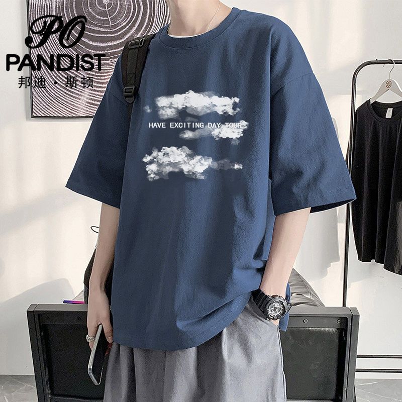 PANDIST 夏季雲朵短袖t恤男ins印花潮牌寬鬆潮流百搭五分半袖體恤
