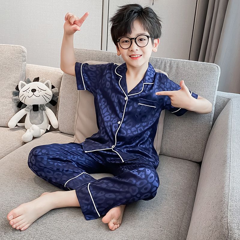 Boys' short-sleeved pajamas summer home clothes suit summer thin  new medium and large children's ice silk air-conditioned clothes