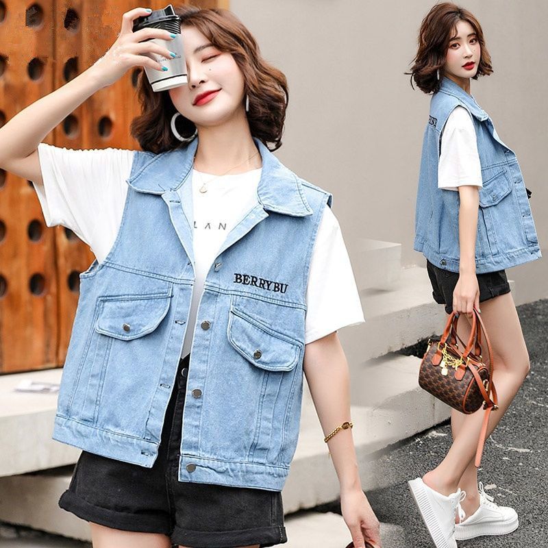 Internet celebrity casual thin denim vest women's summer short embroidered denim clothes spring and autumn tooling trendy waistcoat vest for outerwear