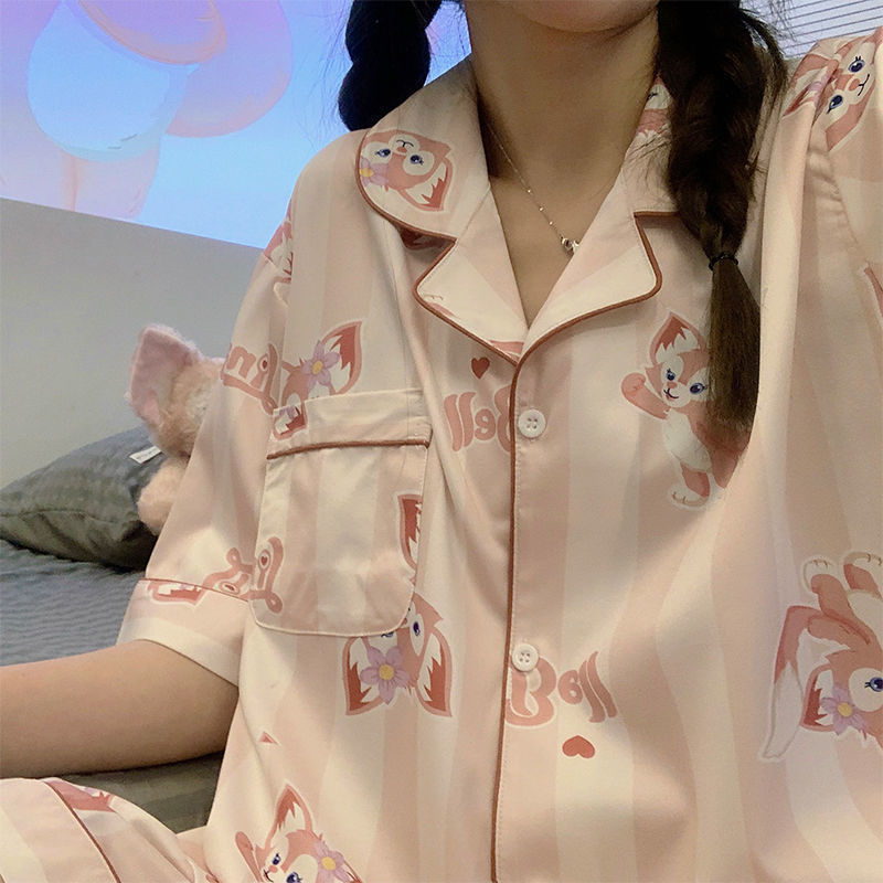 Ice silk short-sleeved pajamas women's summer cute Lingna Belle ins home service two-piece set can be worn outside thin silk