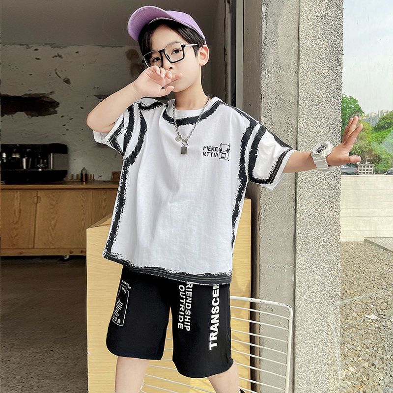 Boys' summer short-sleeved suit 2023 new middle and big children's summer children's sports handsome foreign style Korean summer tide