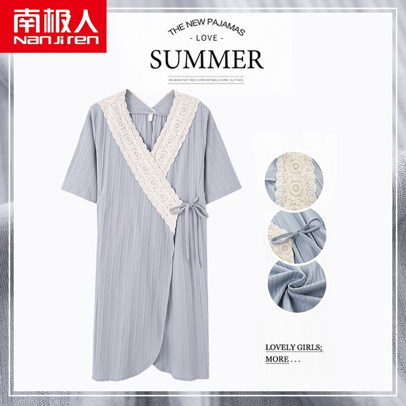 南极人日式纯棉睡袍女夏季薄款家居服宽松大码系带纯欲风和服睡裙