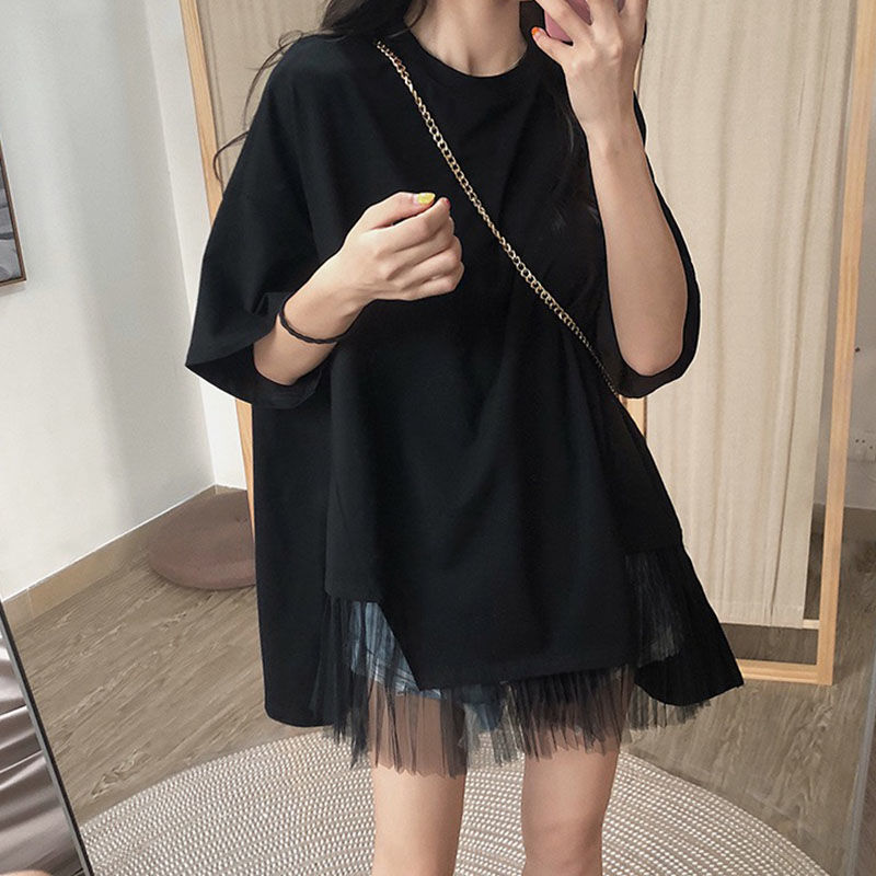 韓版夏季女裝新款短袖t恤胖mm大碼寬鬆百搭黑色網紗上衣200斤300