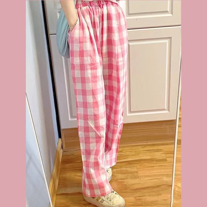 Salt-sweet foreign-style casual sports two-piece suit female summer Harajuku style student short-sleeved T-shirt plaid wide-leg pants