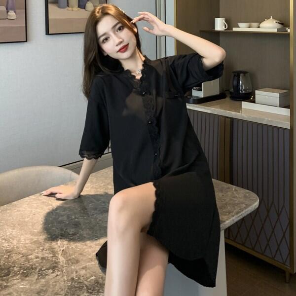 Summer nightdress female summer sexy mid-length lace thin white shirt loose large size chiffon spring and autumn pajamas