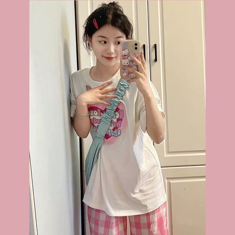 Salt-sweet foreign-style casual sports two-piece suit female summer Harajuku style student short-sleeved T-shirt plaid wide-leg pants