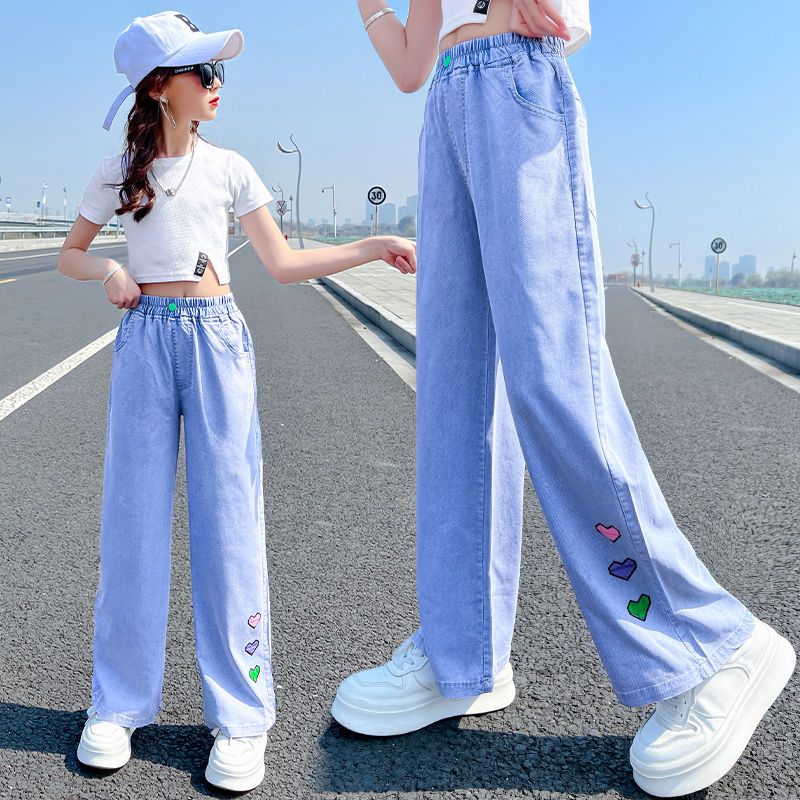 女童褲子夏季天絲牛仔褲中大童闊腿褲寬鬆薄款女孩休閒直筒褲洋氣