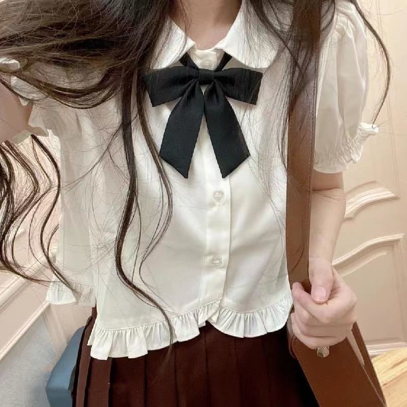 Summer college style puff sleeve white short-sleeved shirt female Japanese sweet wind basic jk shirt student top