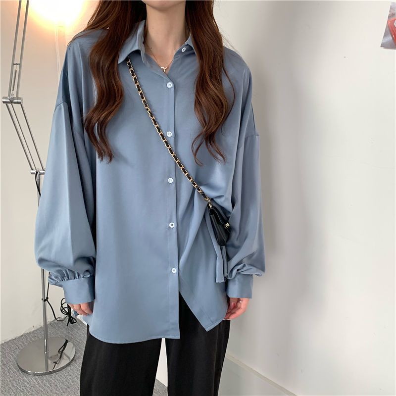 Autumn  new retro Hong Kong style blue long-sleeved shirt women's design sense niche temperament outerwear all-match tops