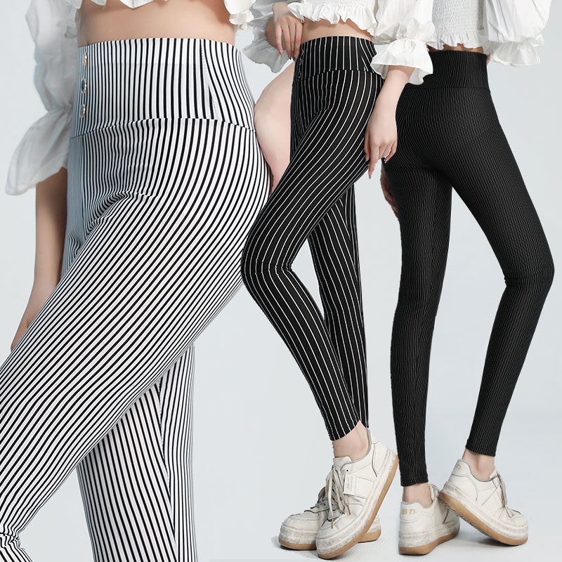 Summer outer wear leggings women's high waist elastic thin striped pants nine points pencil pants slim fit thin pencil pants