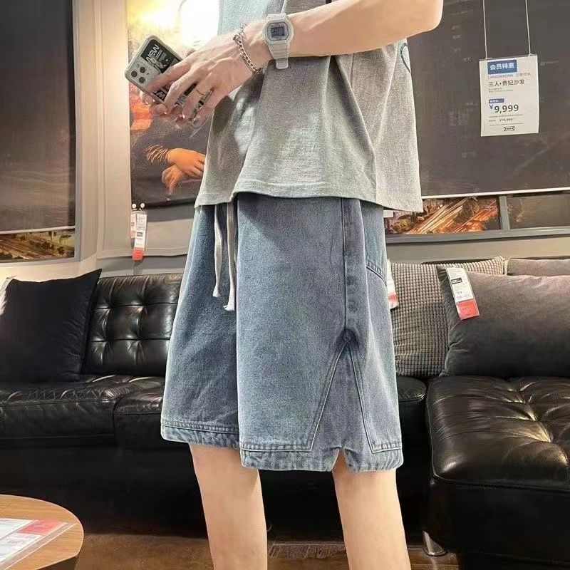 Split denim shorts men's summer thin ins fashion brand large loose cropped pants elastic waist light casual
