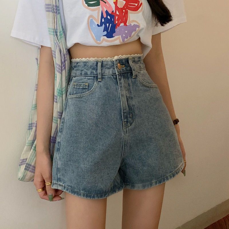 蕾絲花邊牛仔短褲女寬鬆夏季新款大碼高腰顯瘦百搭闊腿a字熱褲子