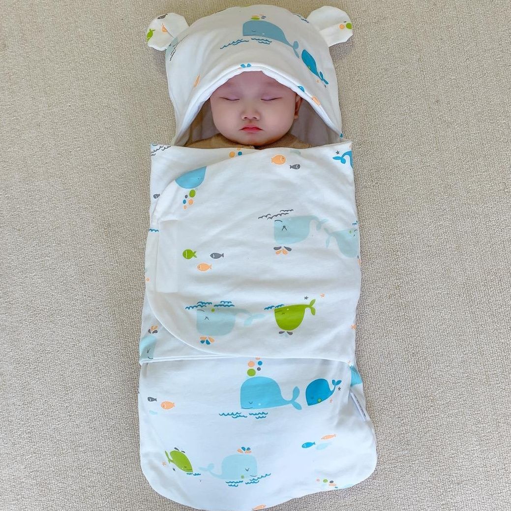 Newborn spring and summer hugging quilt sleeping bag pure cotton baby anti shock swaddling cotton sleeping bag with cap soft warm quilt