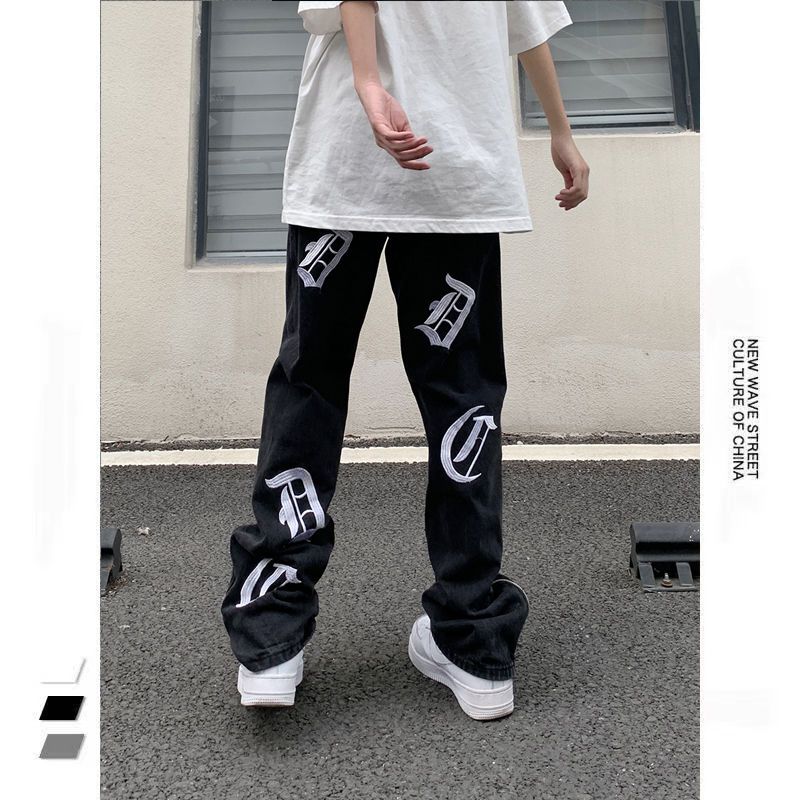 字母刺繡牛仔褲男女高街vibe風寬鬆直筒側拉鏈褲腳美式復古長褲子