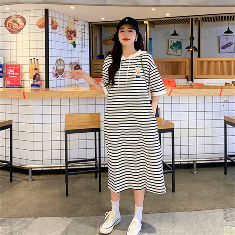 Fat MM striped hooded short-sleeved dress summer loose hidden meat slim extra large size 300 catties over the knee T-shirt dress