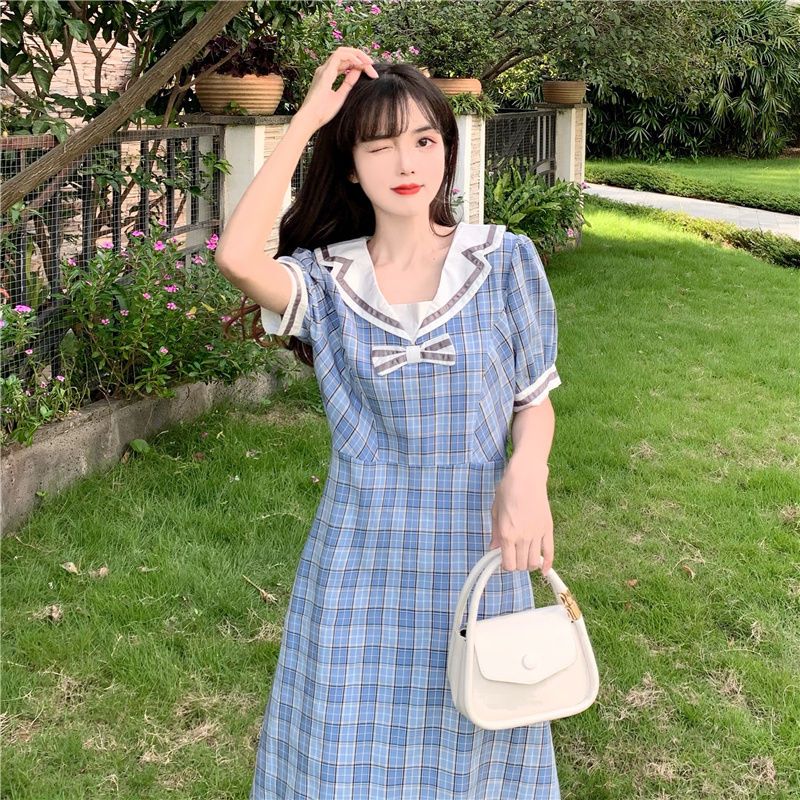 College wind dress women's summer mid-length Korean version navy collar plaid French retro first love princess skirt