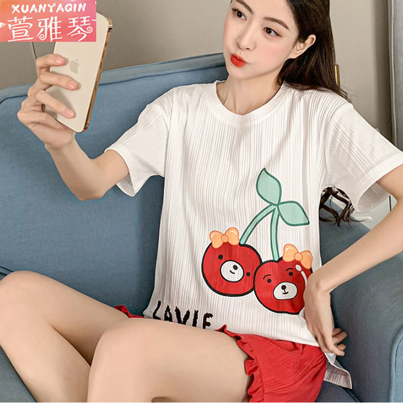 100% double-sided pajamas women's summer solid color Korean version cute short-sleeved girls loose plus size ladies home service suit