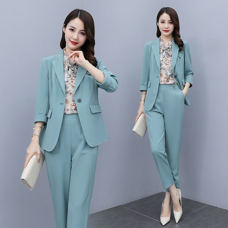 Large size women's business suit three piece set spring and autumn  new style waist tight straight pants net red suit fashion