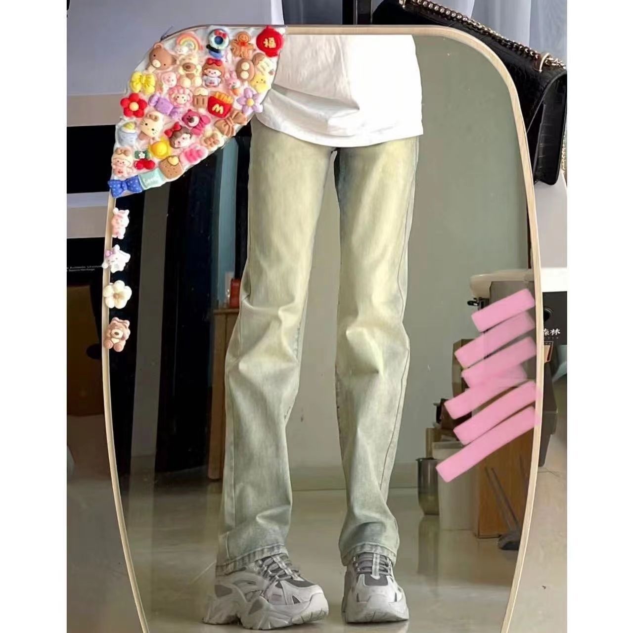 Yellow mud jeans female American retro high street washed and old straight pants loose and thin mopping pants tide ins